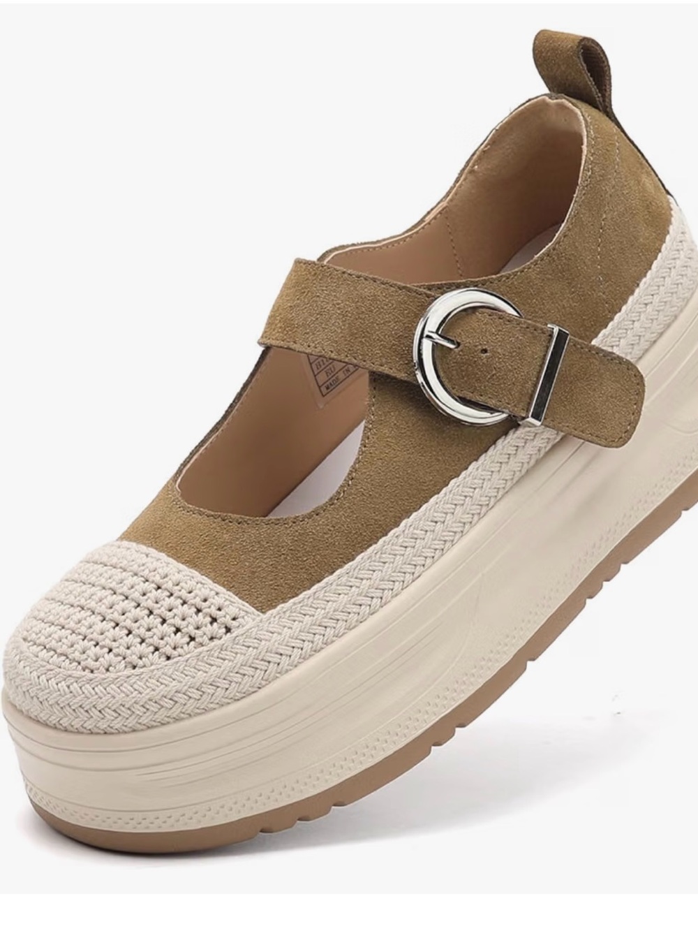 SUEDE MARY JANES | Women’s Platform Shoes in Olive and Cream - Knit Toe w/Buckle